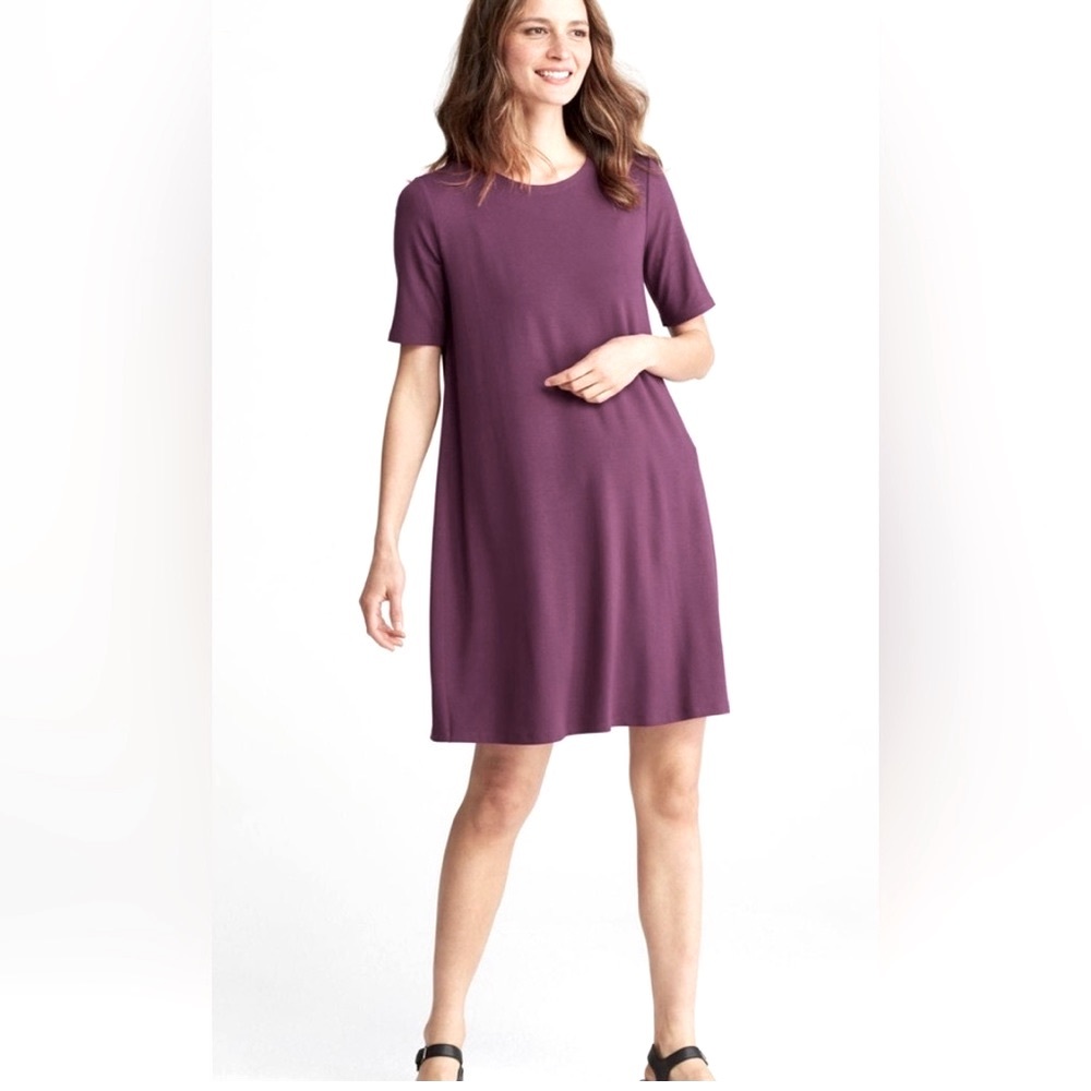 Eileen Fisher Bysby Plum Shift Dress in Buttery Soft Jersey.